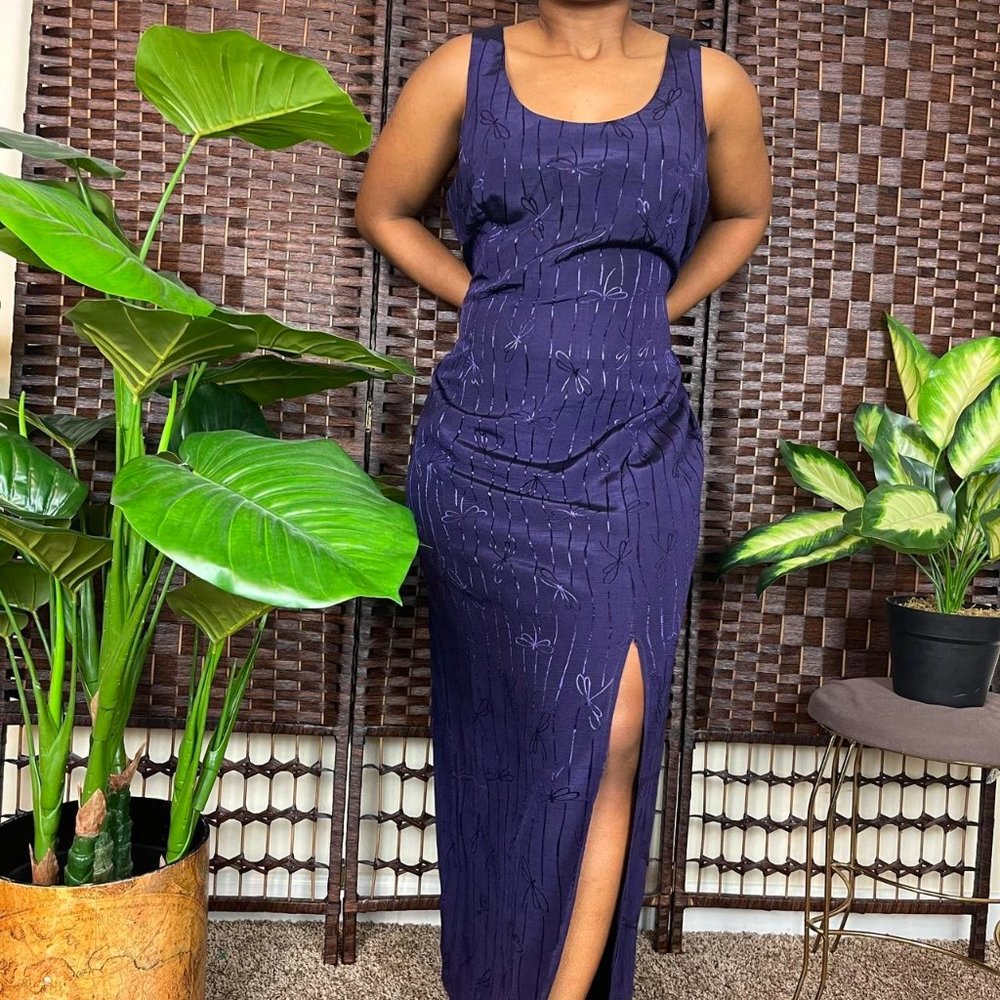 NOT FOR SALE vintage 90s purple satin midi/maxi dress with front slit